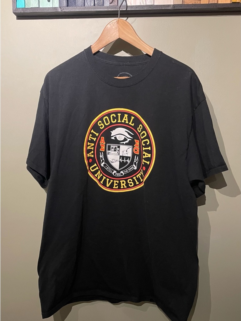 Anti Social Social Club Black Tee with Yellow & Red University Crest